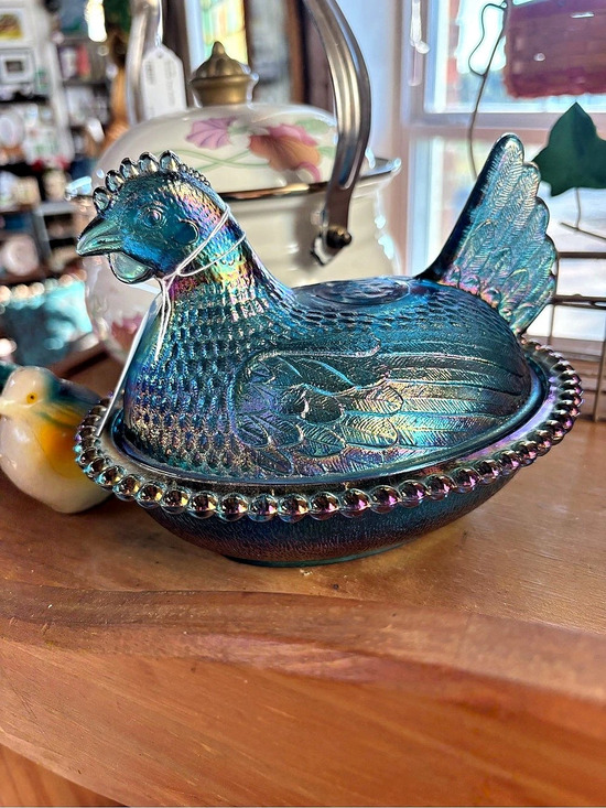 Indiana Glass Company Other - Indiana Glass Blue Iridescent Carnival Glass Hen on Nest 7-Inch Covered